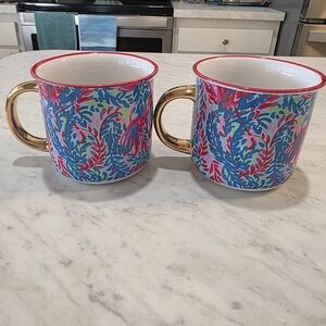 Lilly Pulitzer Blue and Pink Floral Mugs with Gold Handles